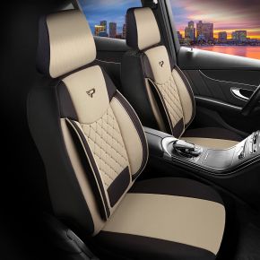 Kit de housses de siège en tissu Brusel beige-noir avec surpiqûres en losange, compatible avec SUBARU XV