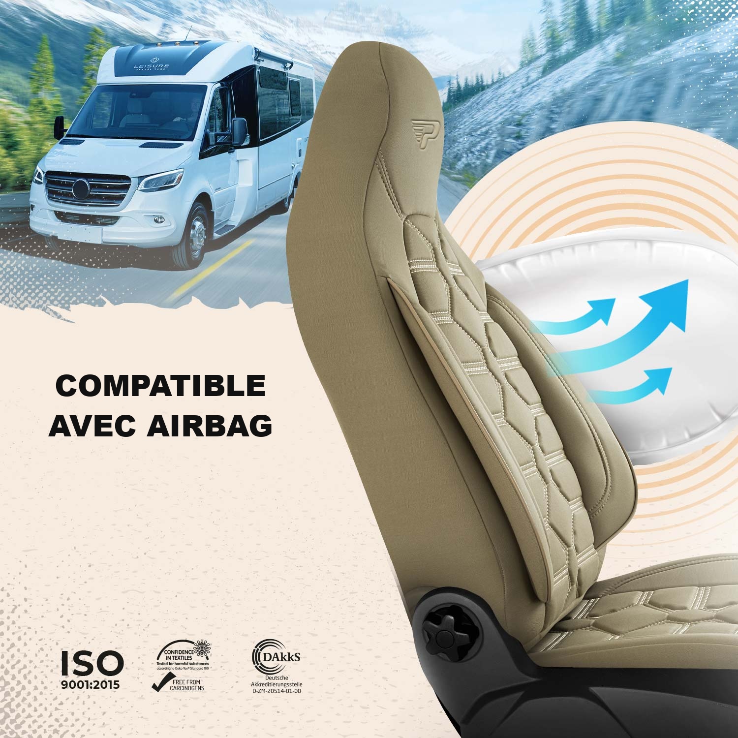 Housses de siège Boston compatibles avec les sièges équipés d’airbags latéraux